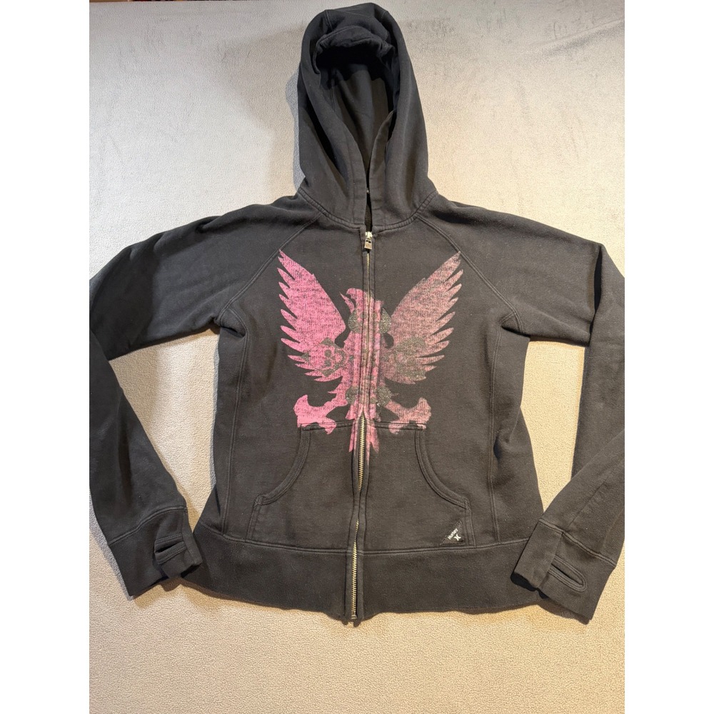 Hurley Womens Full Zip Hoodie Black Pink Eagle Graphic Thumbhole Cuffs Medium